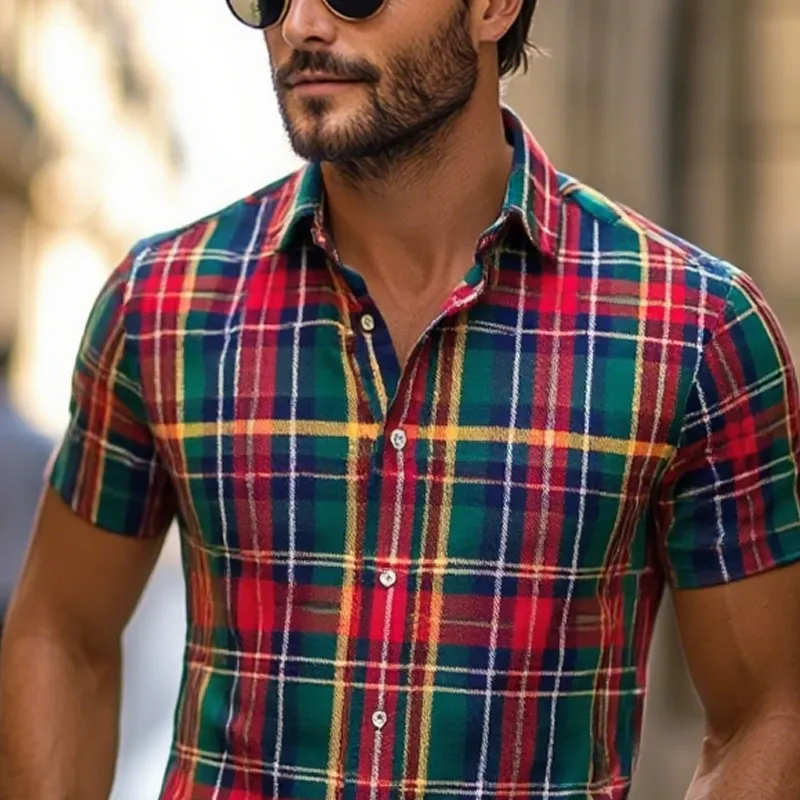 Men's Plaid Lapel Short Sleeve Casual Shirt MTA1375F5Z sold by Manly product image thumbnail 3