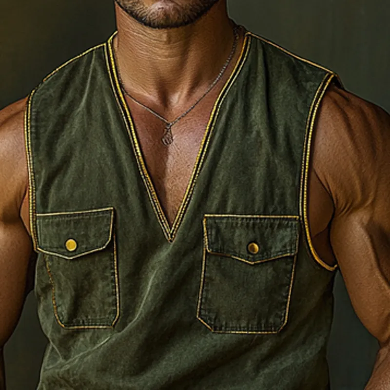 Men's Vintage Washed V-Neck Sleeveless Workwear Multi-Pocket Tank Tops MTA1266F4X sold by Manly product image thumbnail 4