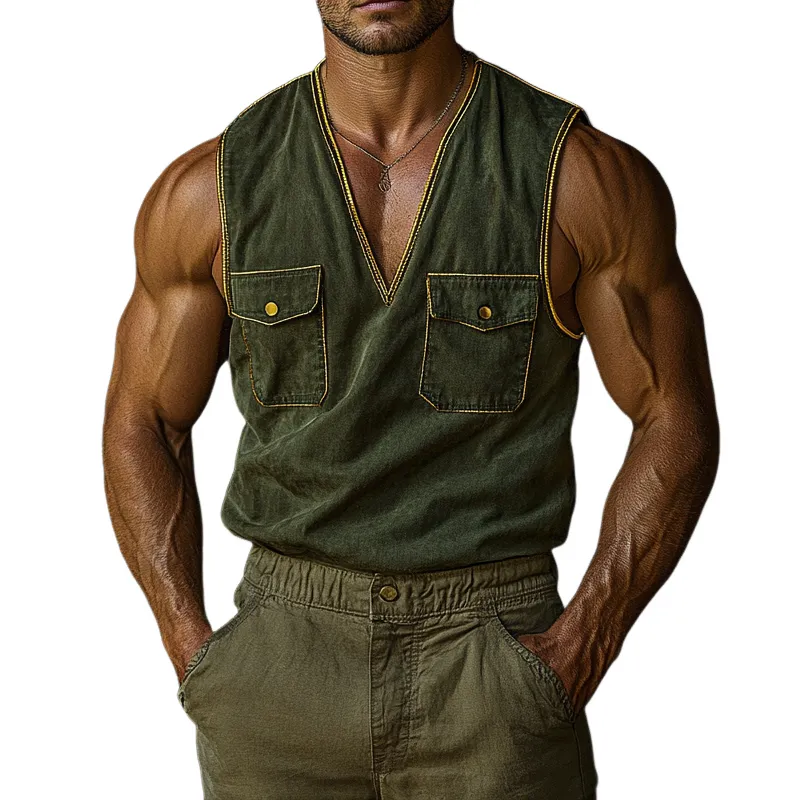 Men's Vintage Washed V-Neck Sleeveless Workwear Multi-Pocket Tank Tops MTA1266F4X sold by Manly