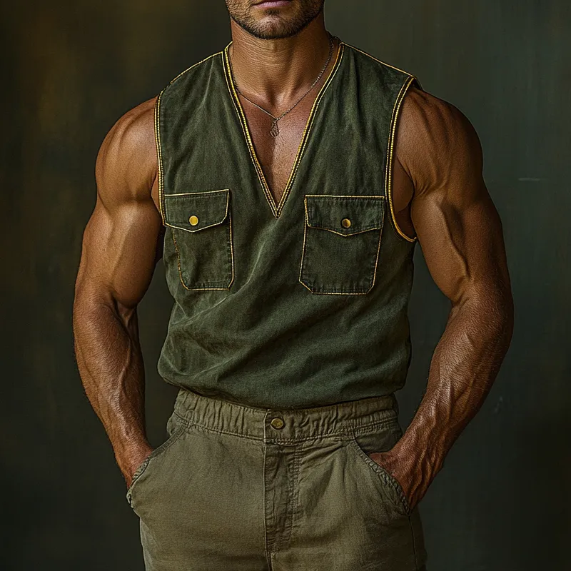 Men's Vintage Washed V-Neck Sleeveless Workwear Multi-Pocket Tank Tops MTA1266F4X sold by Manly product image thumbnail 2