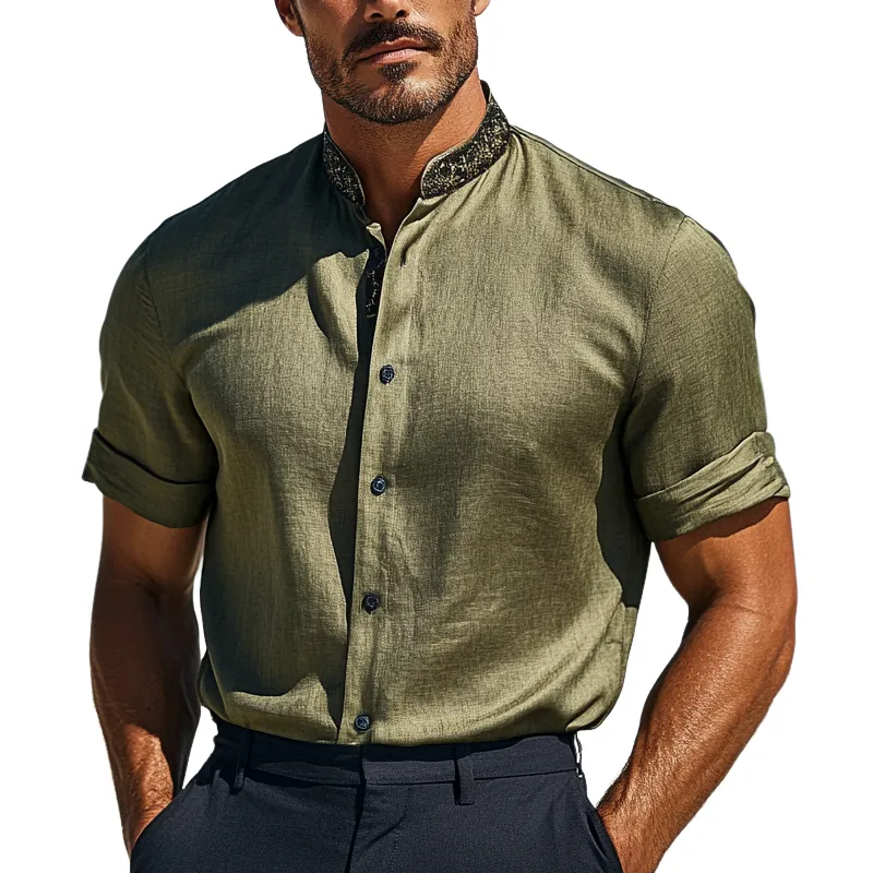 Men's Casual Solid Color Stand Collar Short Sleeve Shirt MTA1384F6X sold by Manly