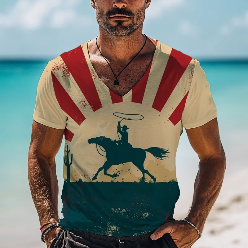Men's Western Cowboy Style Printed Short-Sleeved V-Neck T-Shirt MTA1383F4X sold by Manly product image thumbnail 2