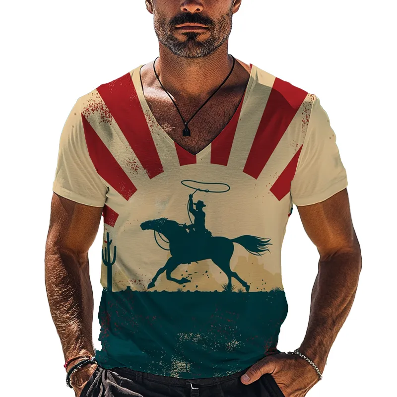 Men's Western Cowboy Style Printed Short-Sleeved V-Neck T-Shirt MTA1383F4X sold by Manly