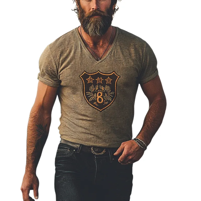 Men's Casual Waffle Embroidered Short-Sleeved V-Neck T-Shirt MTA1382F5X sold by Manly