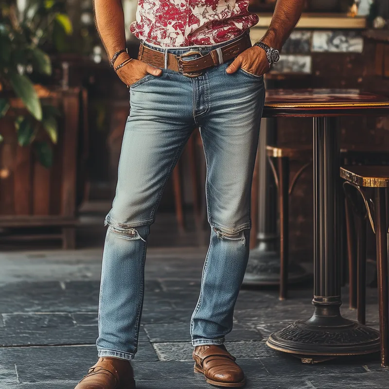 Men's Western Cowboy Style Vintage Ripped Distressed Slim Fit Jeans MTA1227F4U sold by Manly product image thumbnail 2
