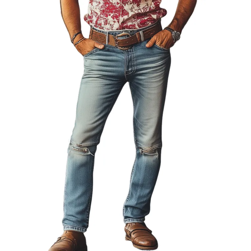 Men's Western Cowboy Style Vintage Ripped Distressed Slim Fit Jeans MTA1227F4U sold by Manly