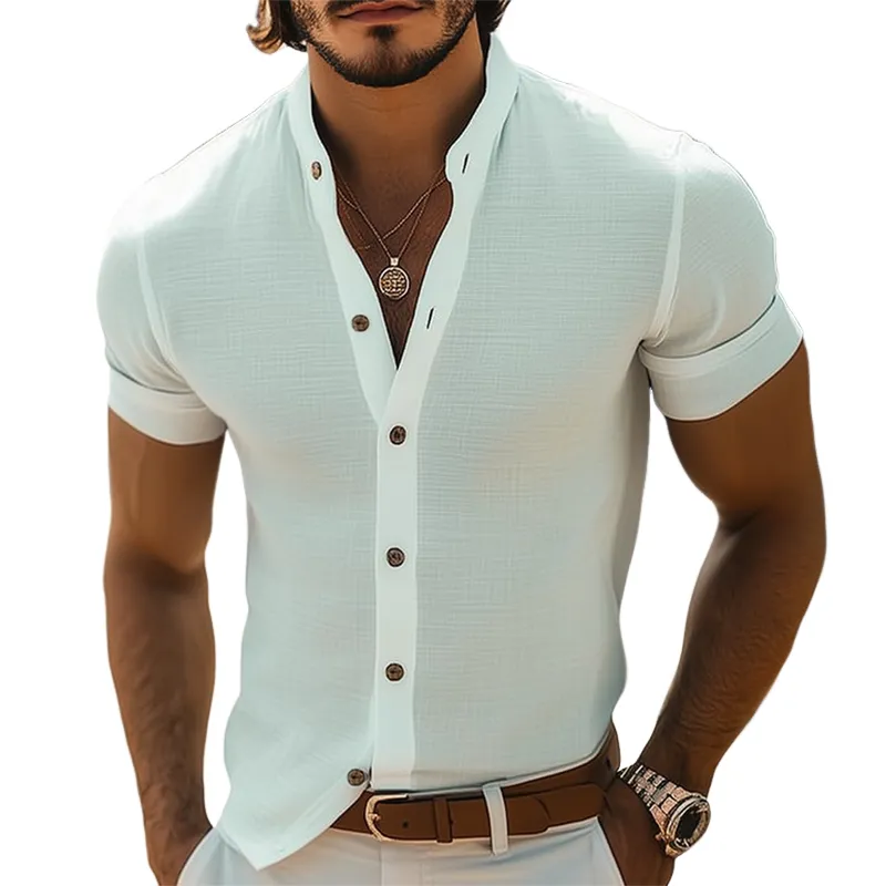 Men's Summer Basic Stand Collar Textured Short Sleeve Shirt MTA1316F2U sold by Manly