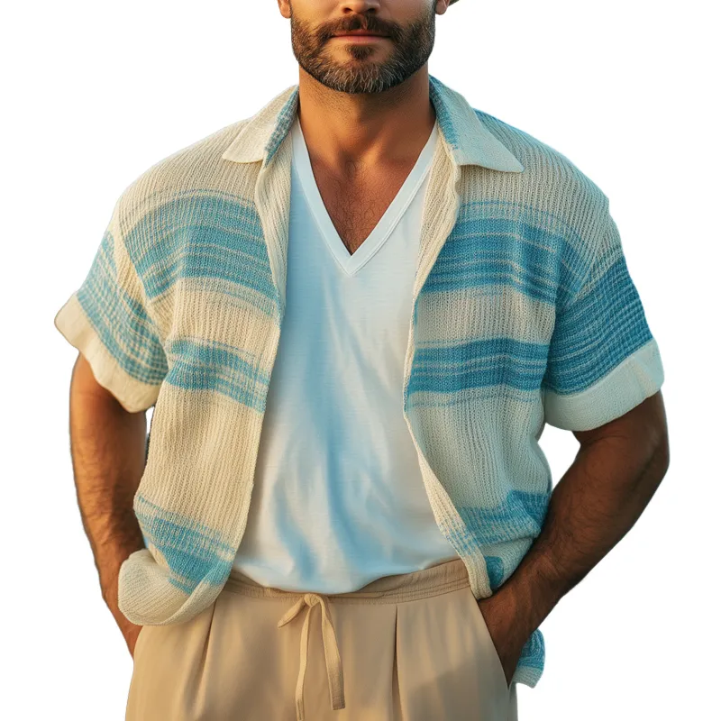 Men's Summer Classic Colorblock Knitted Button Short Sleeve Shirt MTA1309F4U sold by Manly