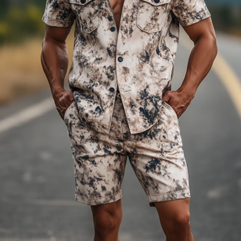 Men's Fashion Casual Western Tough Style Thin Suede Art Camouflage Print Short-sleeved Shirt Shorts Set MTA1275F5K sold by Manly product image thumbnail 5