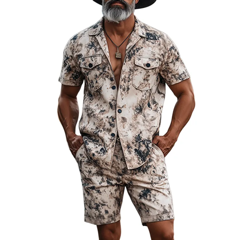 Men's Fashion Casual Western Tough Style Thin Suede Art Camouflage Print Short-sleeved Shirt Shorts Set MTA1275F5K sold by Manly