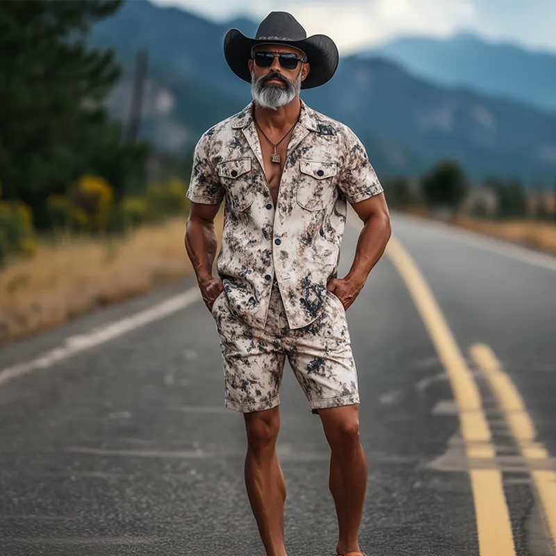 Men's Fashion Casual Western Tough Style Thin Suede Art Camouflage Print Short-sleeved Shirt Shorts Set MTA1275F5K sold by Manly product image thumbnail 3