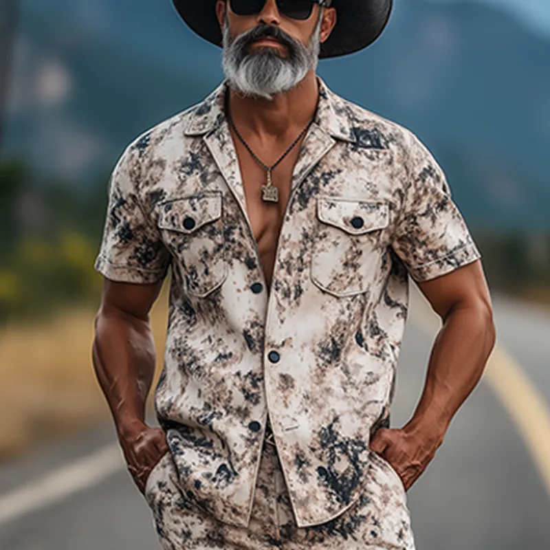 Men's Fashion Casual Western Tough Style Thin Suede Art Camouflage Print Short-sleeved Shirt Shorts Set MTA1275F5K sold by Manly product image thumbnail 4