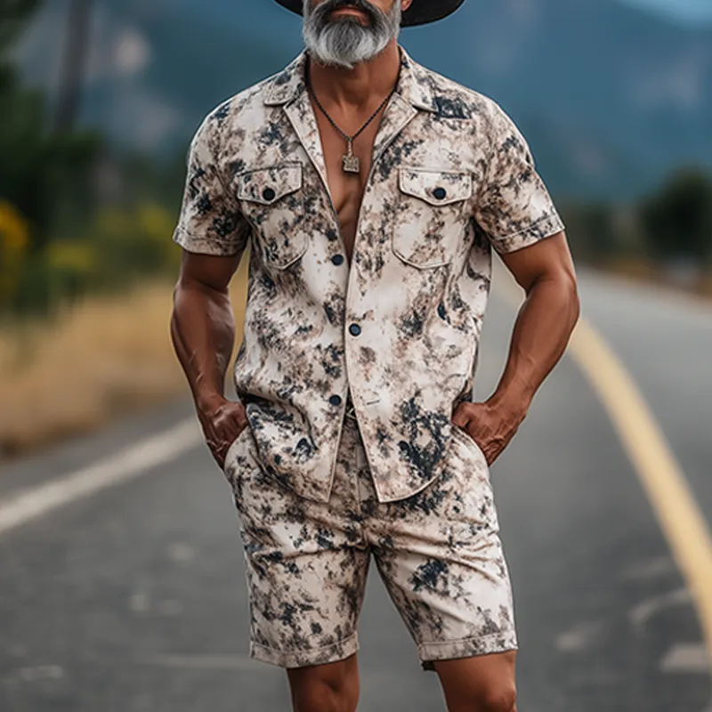 Men's Fashion Casual Western Tough Style Thin Suede Art Camouflage Print Short-sleeved Shirt Shorts Set MTA1275F5K sold by Manly product image thumbnail 2