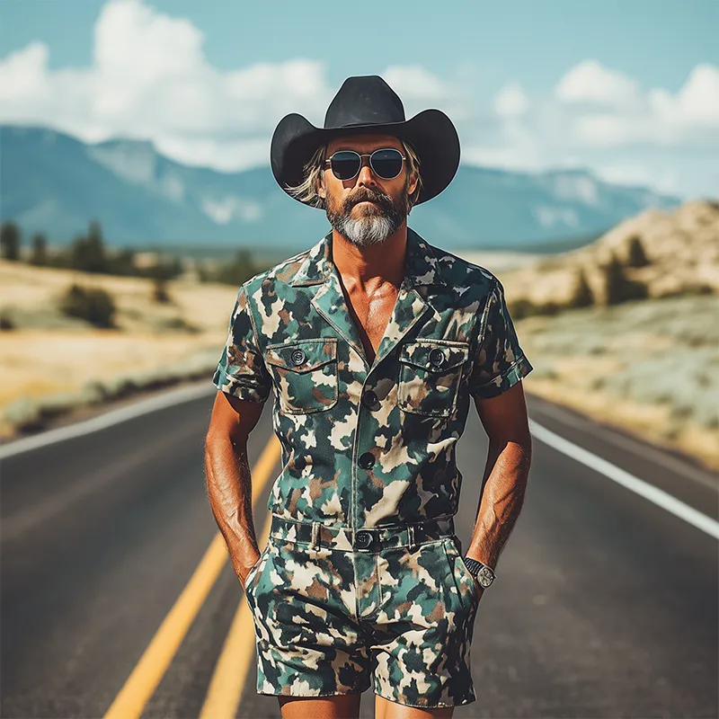 Men's Fashion Casual Western Tough Style Thin Suede Camouflage Print Button Short-sleeved Jumpsuit MTA1297F5K sold by Manly product image thumbnail 3