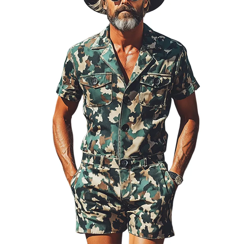 Men's Fashion Casual Western Tough Style Thin Suede Camouflage Print Button Short-sleeved Jumpsuit MTA1297F5K sold by Manly