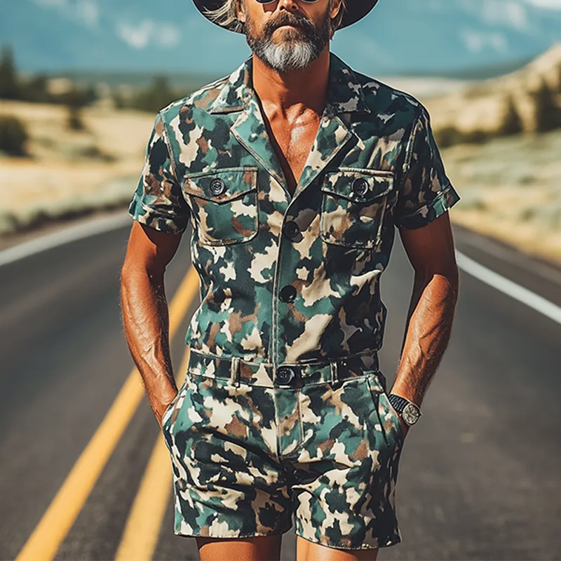 Men's Fashion Casual Western Tough Style Thin Suede Camouflage Print Button Short-sleeved Jumpsuit MTA1297F5K sold by Manly product image thumbnail 2