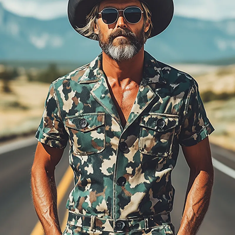 Men's Fashion Casual Western Tough Style Thin Suede Camouflage Print Button Short-sleeved Jumpsuit MTA1297F5K sold by Manly product image thumbnail 4