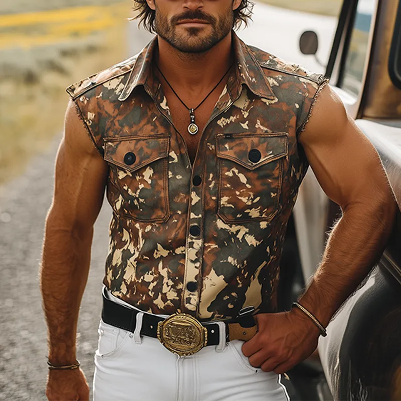 Men's Stylish Casual Western Tough Style Lapel Cotton Blend Camouflage Print Cuffs Raw Edge Slim Sleeveless Shirt MTA1264F4K sold by Manly product image thumbnail 2
