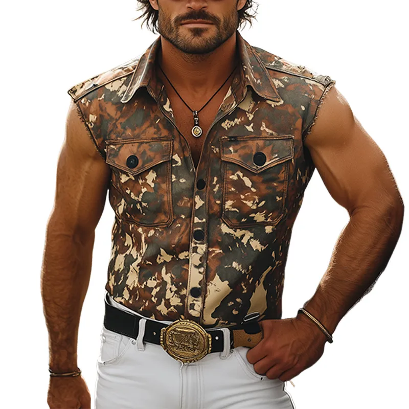 Men's Stylish Casual Western Tough Style Lapel Cotton Blend Camouflage Print Cuffs Raw Edge Slim Sleeveless Shirt MTA1264F4K sold by Manly
