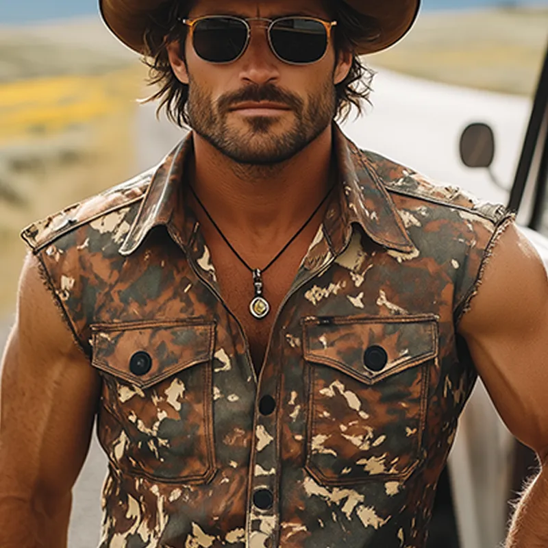 Men's Stylish Casual Western Tough Style Lapel Cotton Blend Camouflage Print Cuffs Raw Edge Slim Sleeveless Shirt MTA1264F4K sold by Manly product image thumbnail 4
