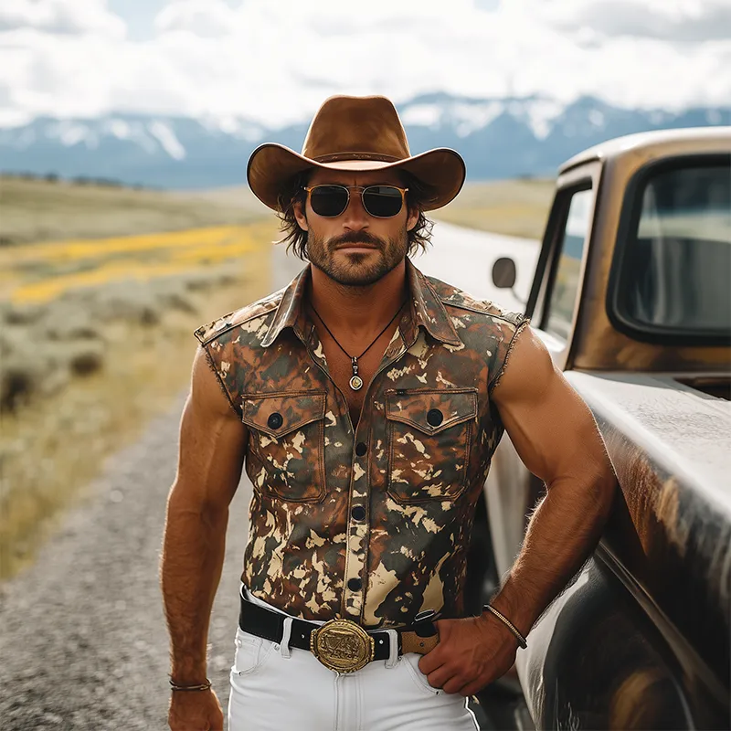 Men's Stylish Casual Western Tough Style Lapel Cotton Blend Camouflage Print Cuffs Raw Edge Slim Sleeveless Shirt MTA1264F4K sold by Manly product image thumbnail 3