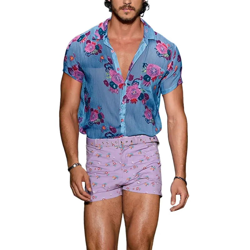 Men's Floral Lapel Short Sleeve Shirt Shorts Set MTA1229F6Z (Without Belt) sold by Manly