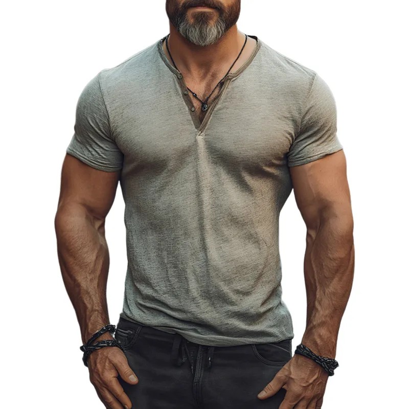 Men's Solid Henley Collar Short Sleeve T-shirt MTA1249F4Z sold by Manly