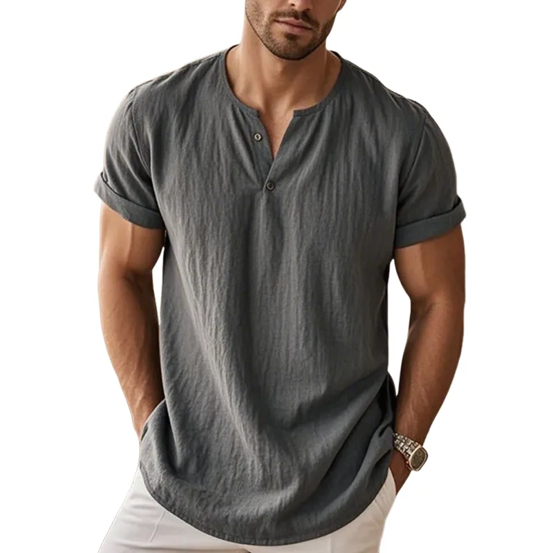 Men's Solid Henley Collar Short Sleeve T-shirt MTA1215F2Z sold by Manly