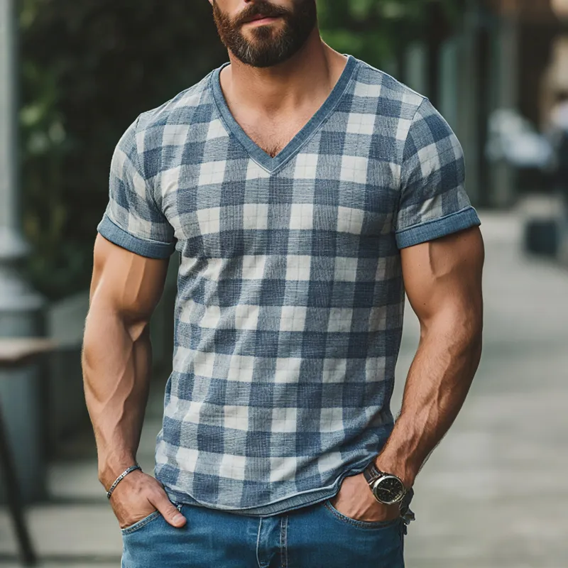 Men's Plaid V Neck Short Sleeve T-shirt MTA1288F3Z sold by Manly product image thumbnail 2