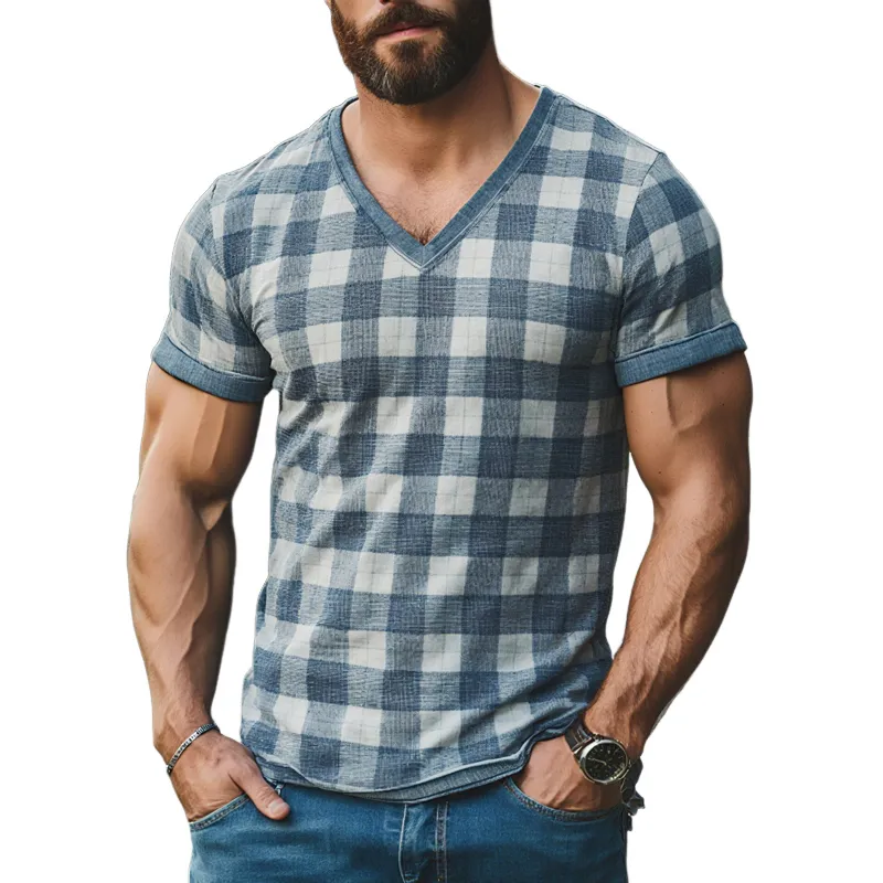 Men's Plaid V Neck Short Sleeve T-shirt MTA1288F3Z sold by Manly