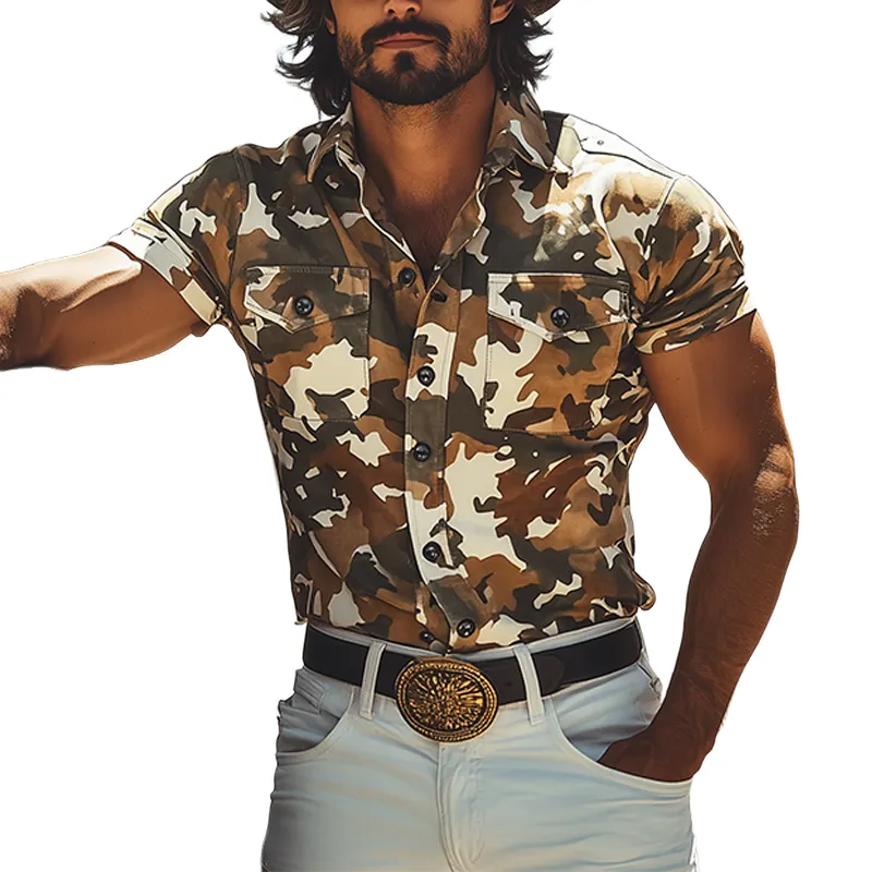 Men's Fashion Casual Western Tough Style Lapel Thin Suede Camouflage Print Slim Short-sleeved Shirt MTA1267F1K sold by Manly