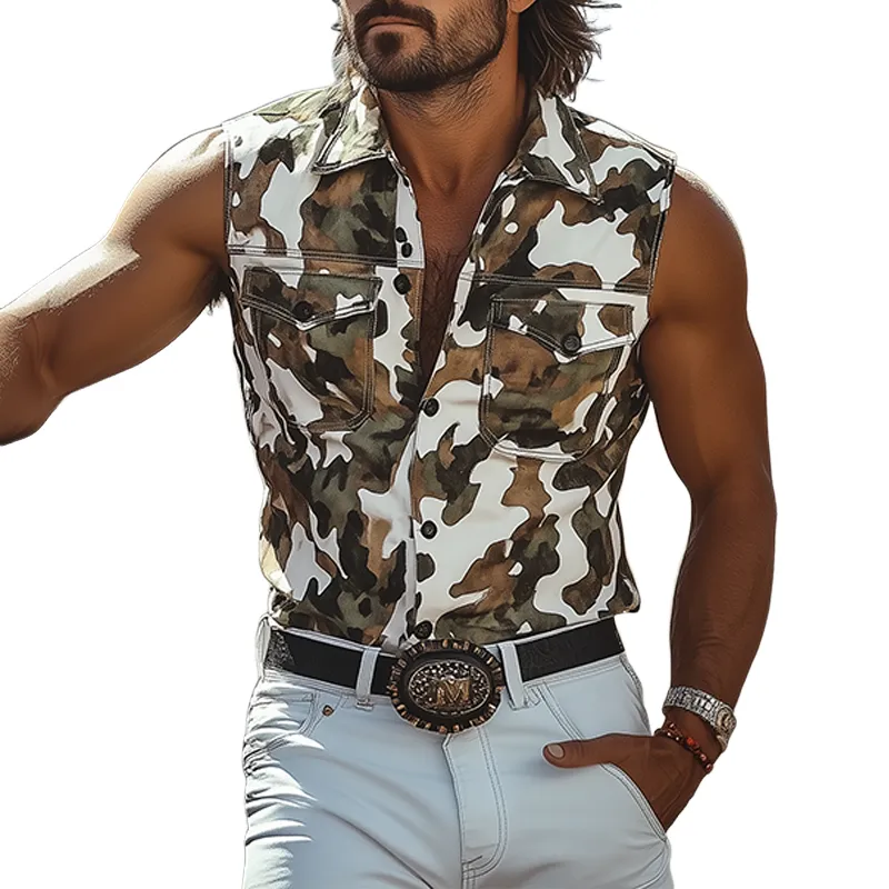 Men's Fashion Casual Western Tough Style Lapel Thin Suede Camouflage Print Slim Sleeveless Shirt MTA1283F8K sold by Manly