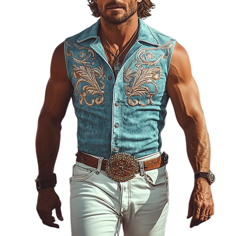 Men's Fashion Casual Western Tough Style Thin Suede Embroidered Slim Sleeveless Shirt MTA1285F8K sold by Manly