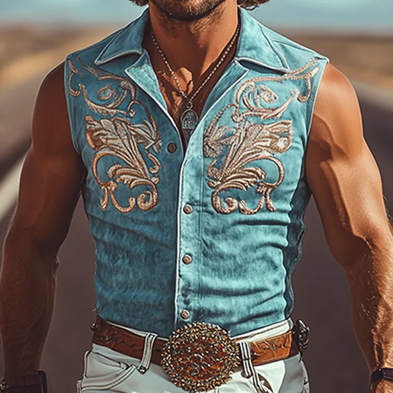 Men's Fashion Casual Western Tough Style Thin Suede Embroidered Slim Sleeveless Shirt MTA1285F8K sold by Manly product image thumbnail 5