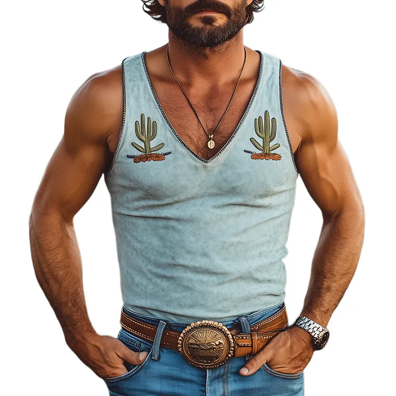 Men's Fashion Casual Western Tough Style Thin Suede Embroidery Slim Fit V-neck Tank Top MTA1100F8K sold by Manly