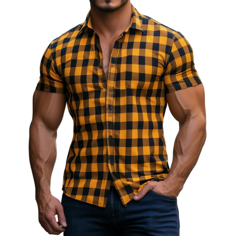 Men's Casual Breathable Cotton Plaid Lapel Slim Fit Short Sleeve Shirt MTA1130F4M sold by Manly