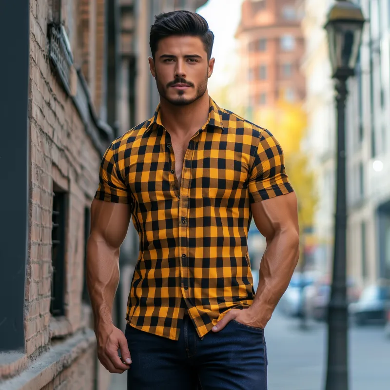 Men's Casual Breathable Cotton Plaid Lapel Slim Fit Short Sleeve Shirt MTA1130F4M sold by Manly product image thumbnail 3