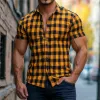 Men's Casual Breathable Cotton Plaid Lapel Slim Fit Short Sleeve Shirt MTA1130F4M sold by Manly