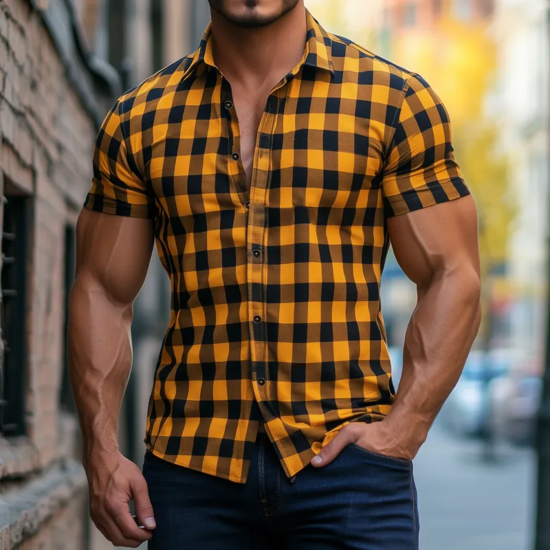 Men's Casual Breathable Cotton Plaid Lapel Slim Fit Short Sleeve Shirt MTA1130F4M sold by Manly product image thumbnail 2