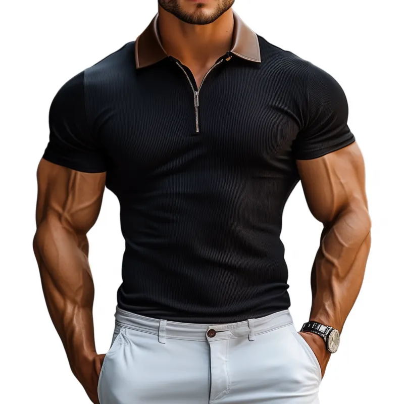 Men's Casual Cotton Blended Ribbed PU Lapel Zipper Pullover Slim Fit Short Sleeve Polo Shirt MTA1142F9M sold by Manly
