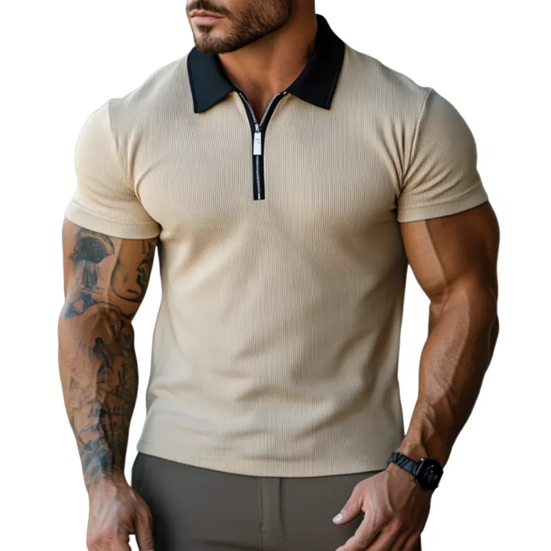 Men's Casual Cotton Blended Ribbed Colorblock Zipper Lapel Slim Short Sleeve Polo Shirt MTA1199F8M sold by Manly
