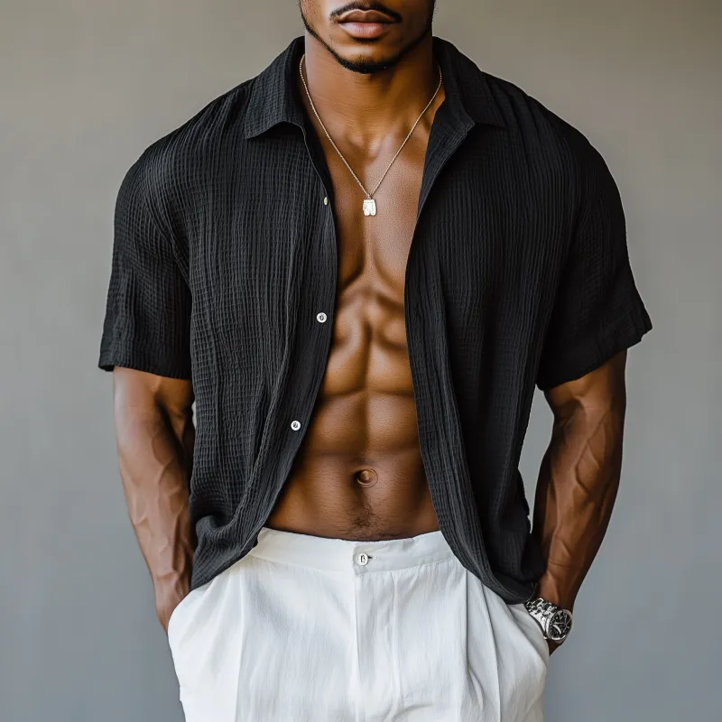 Men's Casual Breathable Cotton Blended Waffle Lapel Loose Short Sleeve Shirt MTA1163F7M sold by Manly product image thumbnail 2