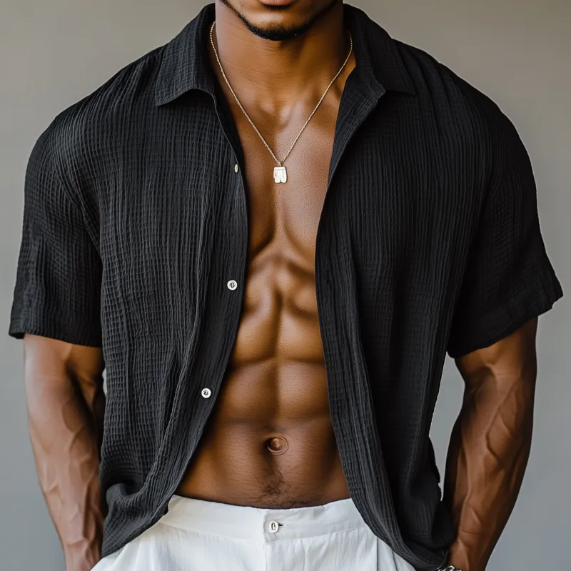 Men's Casual Breathable Cotton Blended Waffle Lapel Loose Short Sleeve Shirt MTA1163F7M sold by Manly product image thumbnail 3