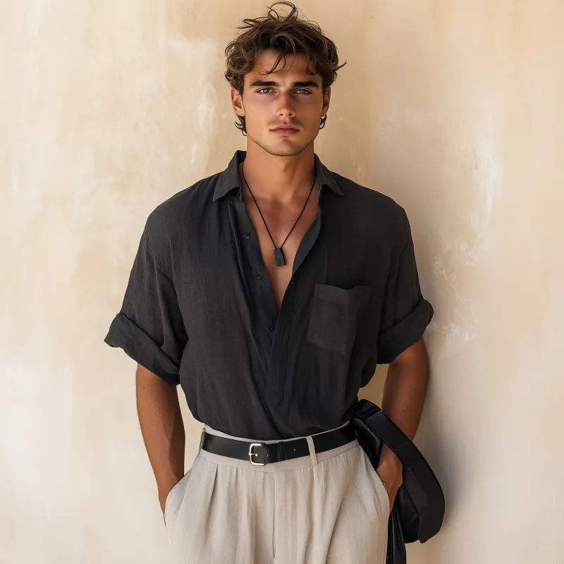 Men's Casual Breathable Cotton Linen Lapel Patch Pocket Loose Short Sleeve Shirt MTA1120F9M sold by Manly product image thumbnail 3