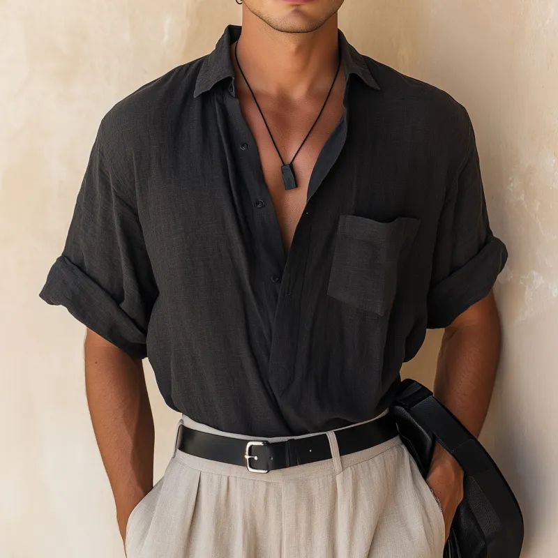 Men's Casual Breathable Cotton Linen Lapel Patch Pocket Loose Short Sleeve Shirt MTA1120F9M sold by Manly product image thumbnail 2