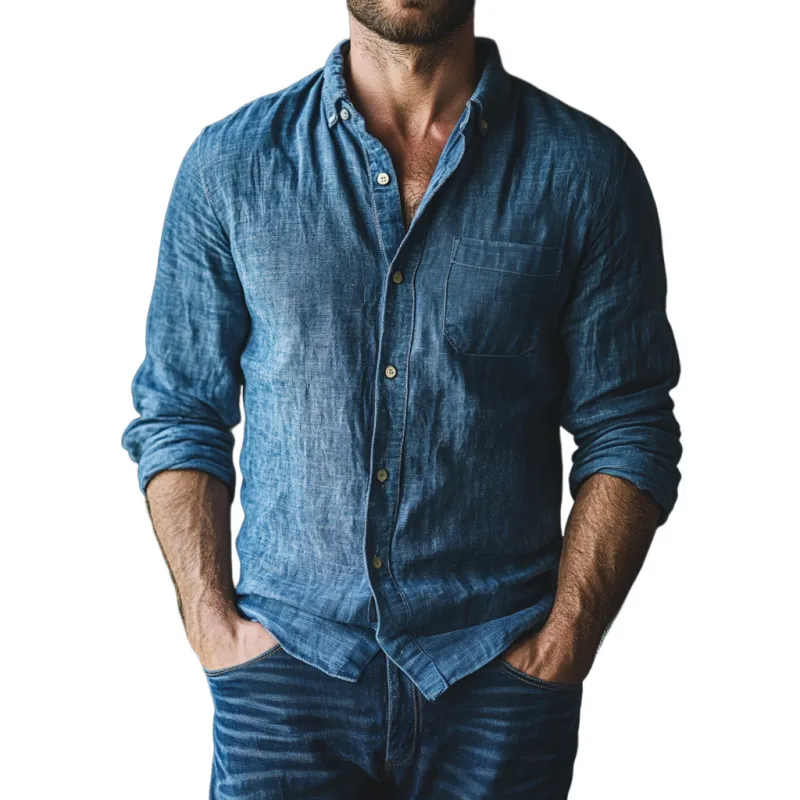 Men's Casual Breathable Linen Lapel Patch Pocket Slim Fit Long Sleeve Shirt MTA1123F4M sold by Manly