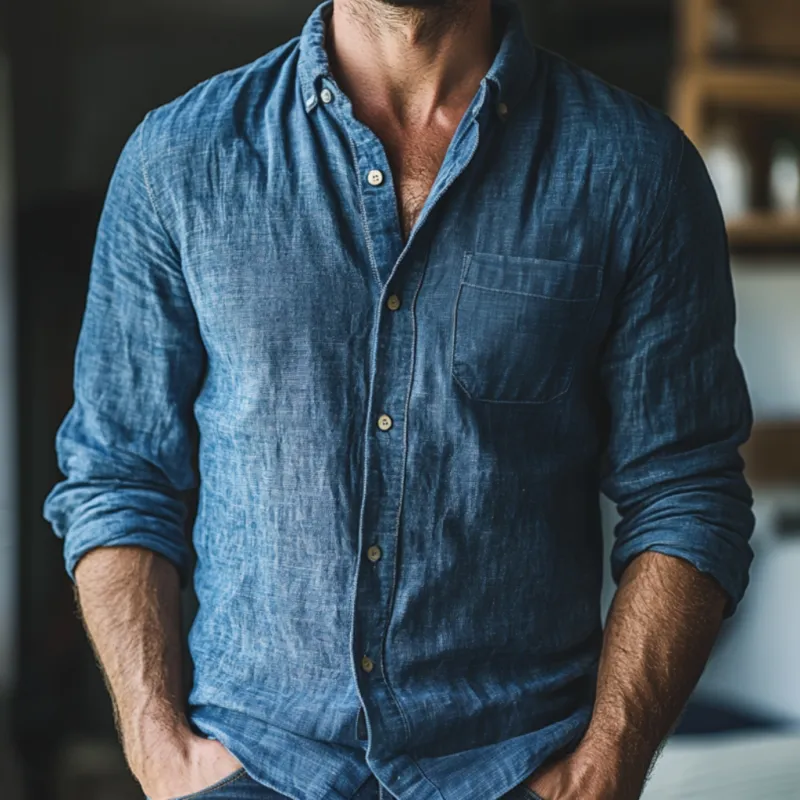 Men's Casual Breathable Linen Lapel Patch Pocket Slim Fit Long Sleeve Shirt MTA1123F4M sold by Manly product image thumbnail 3