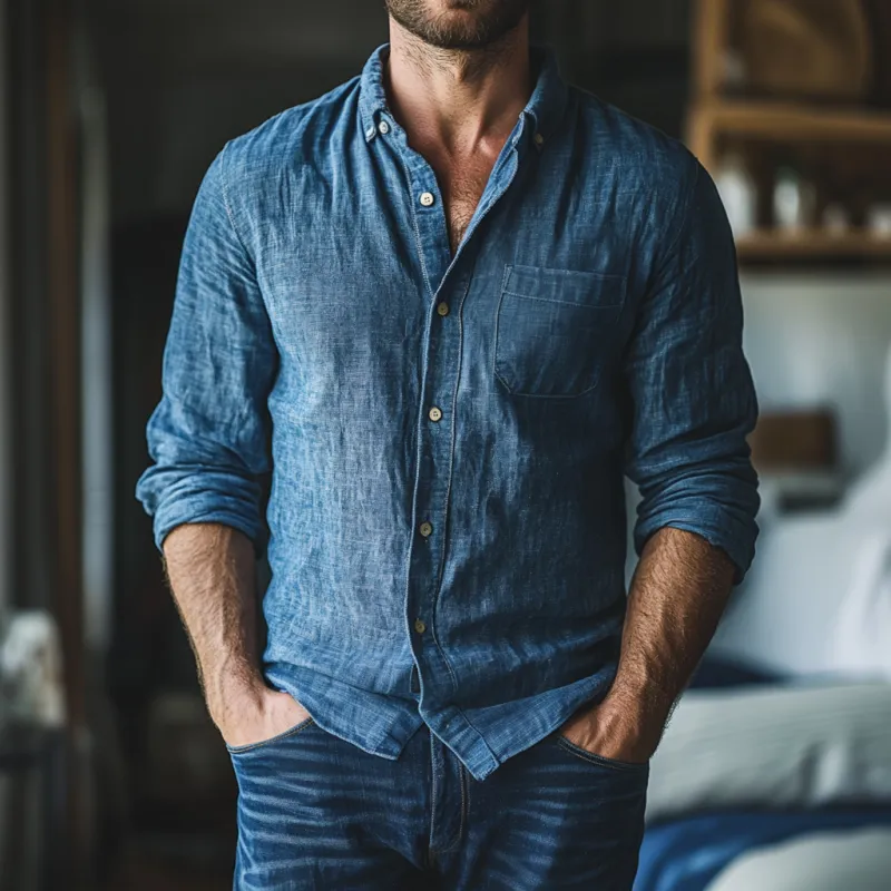 Men's Casual Breathable Linen Lapel Patch Pocket Slim Fit Long Sleeve Shirt MTA1123F4M sold by Manly product image thumbnail 2