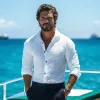 Men's Casual Solid Color Breathable Linen Lapel Slim Fit Long Sleeve Shirt MTA1128F2M sold by Manly