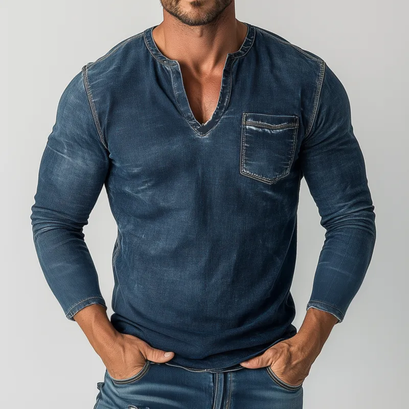 Men's Vintage Washed Distressed V-Neck Patch Pocket Slim Fit Long Sleeve Denim T-Shirt MTA1141F2M sold by Manly product image thumbnail 2